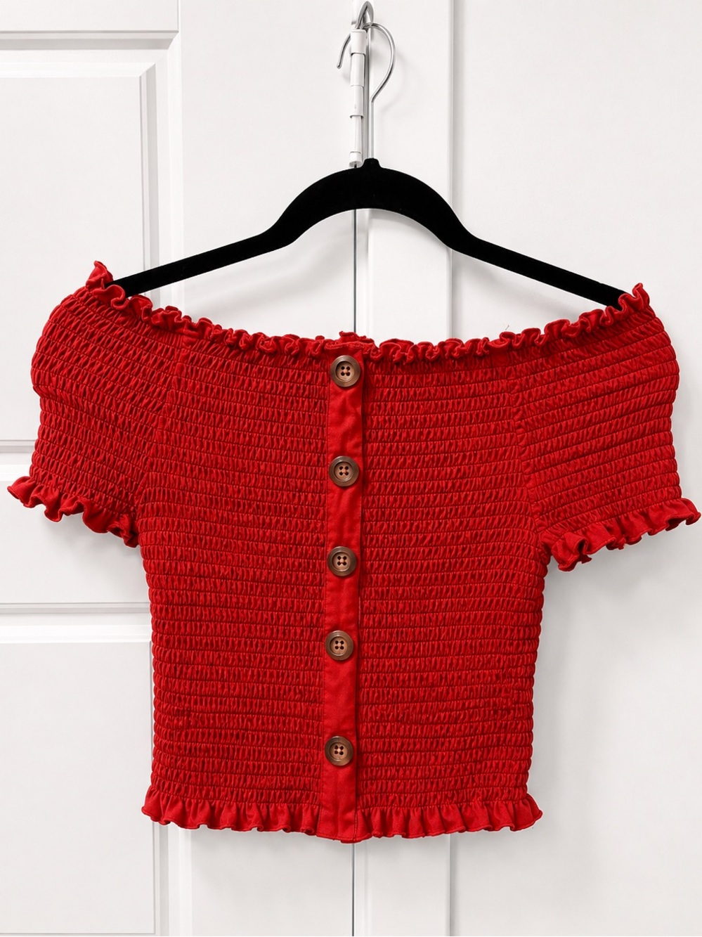 Orange Kiss Burnt Orange Smocked Off-Shoulder Button Crop Top Size Large